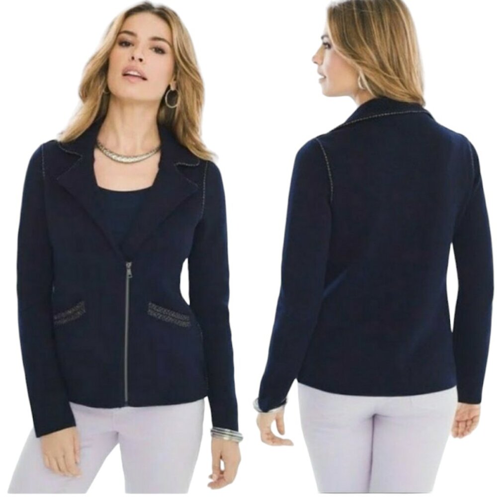 NWT CHICO'S Double Knit Cardigan Jacket, Dark Blue Long Sleeve Zipper Pockets, S